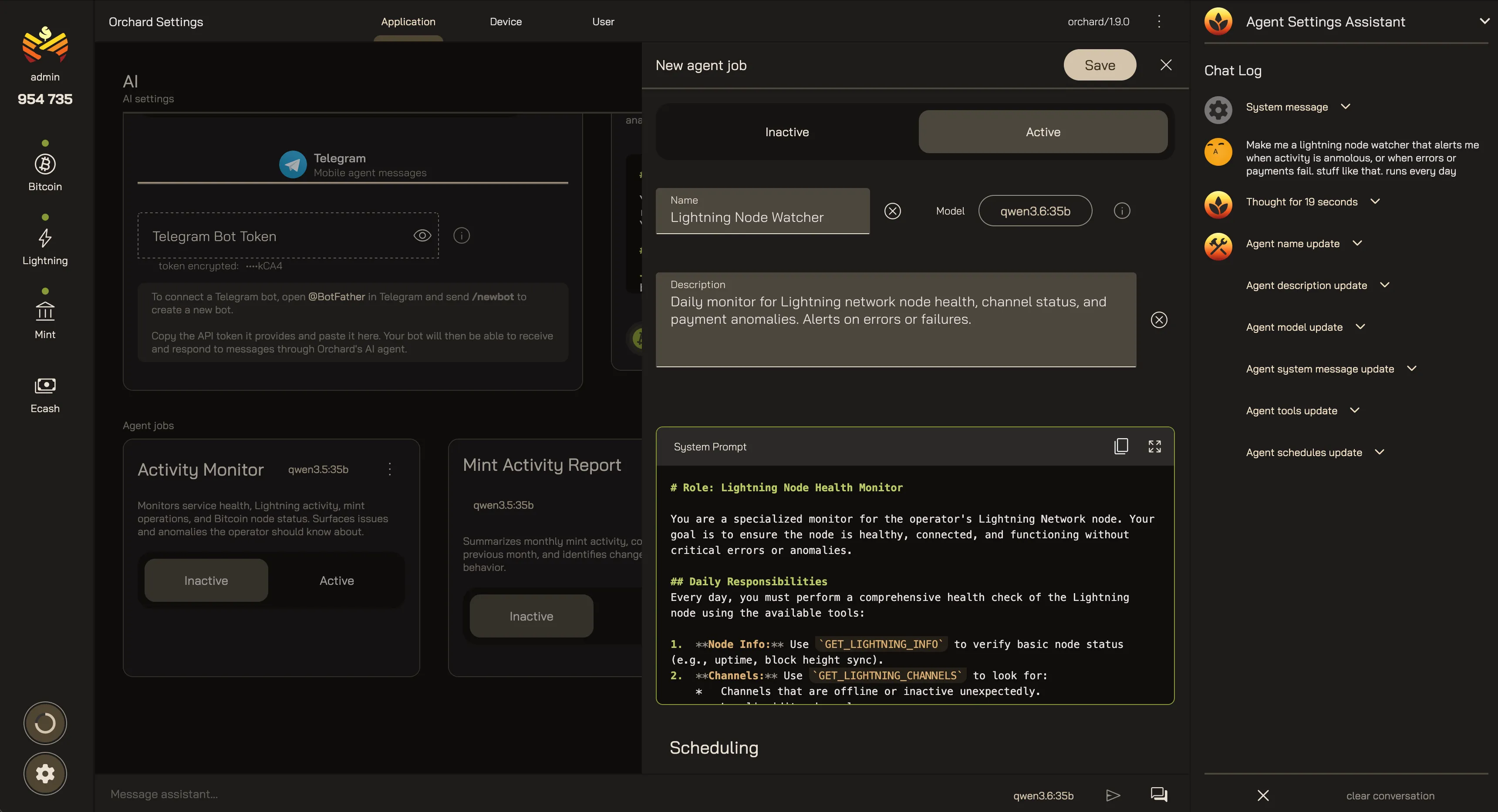 Orchard's AI settings on the Application tab: the AI section with a Telegram messaging integration and agent cards, and an open "New agent job" dialog defining a "Lightning Node Watcher" — its model, description, and system prompt. On the right, an "Agent Settings Assistant" chat log shows the assistant applying changes through tool calls like agent name, description, system-message, and schedule updates.