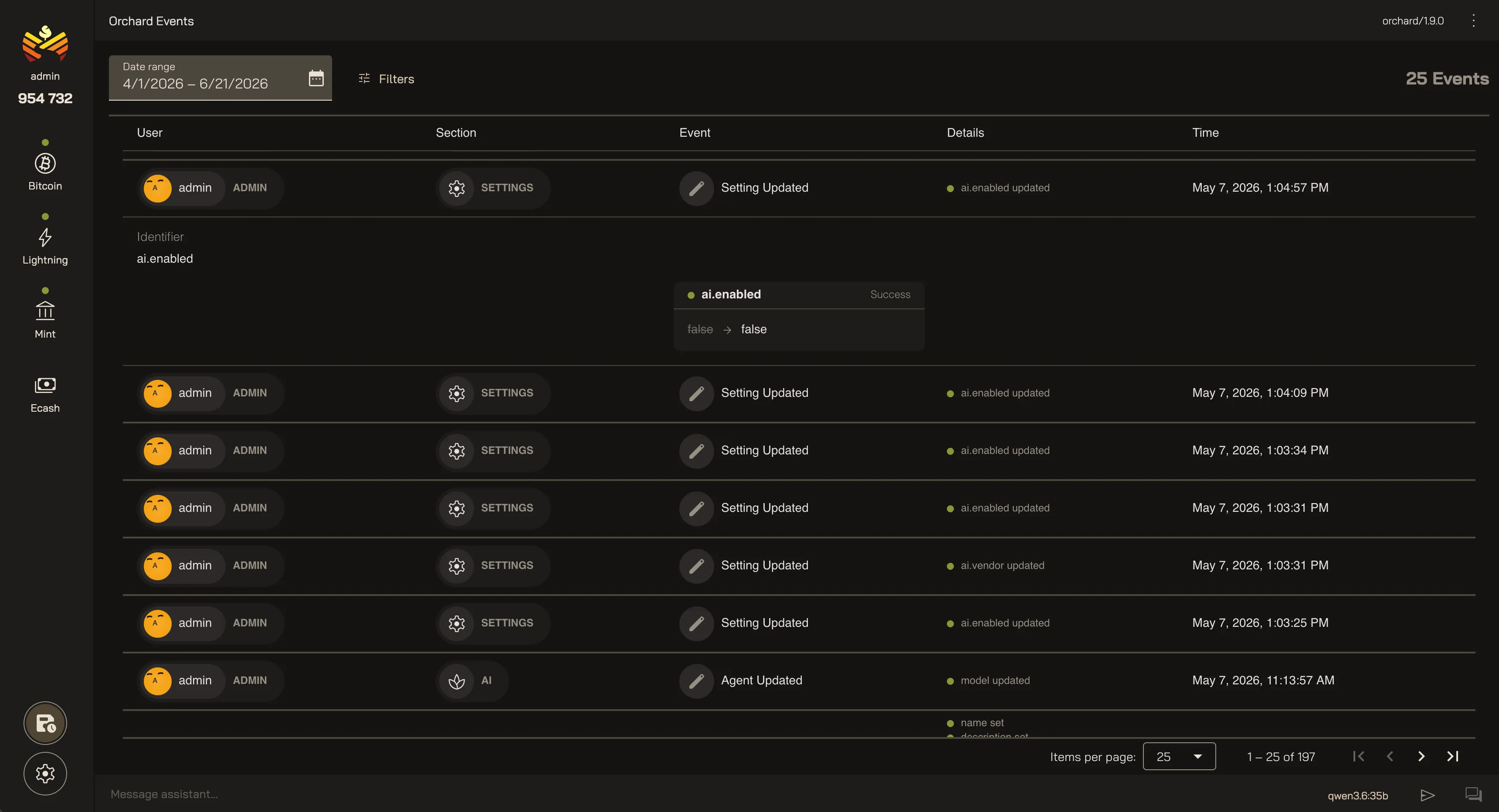 Orchard's event log: a date-range filter, a Filters button, and a count of events, above a table with User, Section, Event, Details, and Time columns. Rows show an admin updating Settings, and an expanded row reveals the changed setting ai.enabled with a Success badge and its before-and-after values. Pagination reads 1–25 of 197.