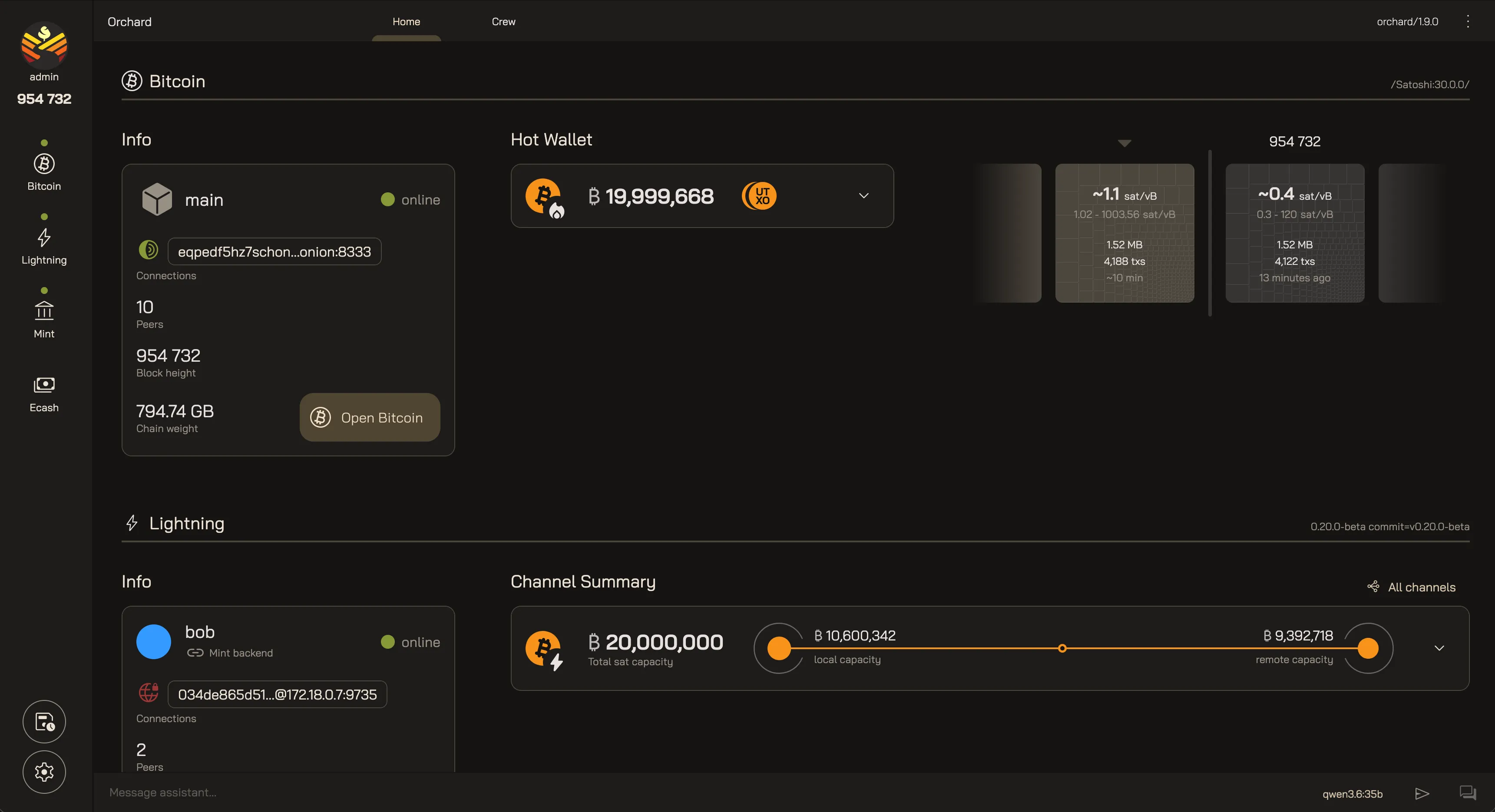 Orchard's Home view stacking a summary of each service. The Bitcoin section shows an Info card with the node online, peer count, a block height of 954,732, and chain weight, beside a Hot Wallet balance and live mempool fee rates. The Lightning section shows an Info card for the node "bob" — the mint backend, online — beside a Channel Summary with total capacity split into local and remote.