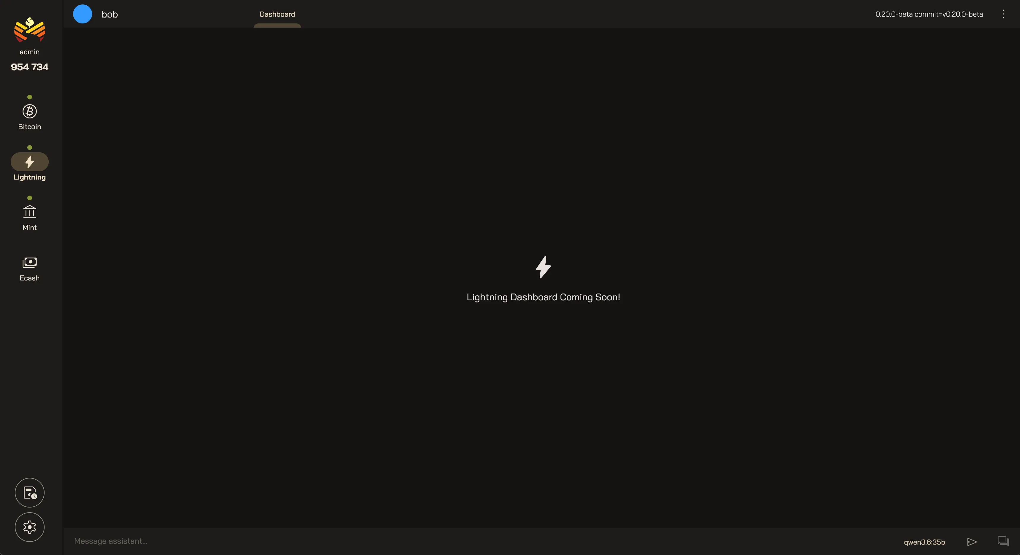 Orchard's Lightning view for the node "bob", with a single Dashboard tab and a centered lightning-bolt icon above the message "Lightning Dashboard Coming Soon!".