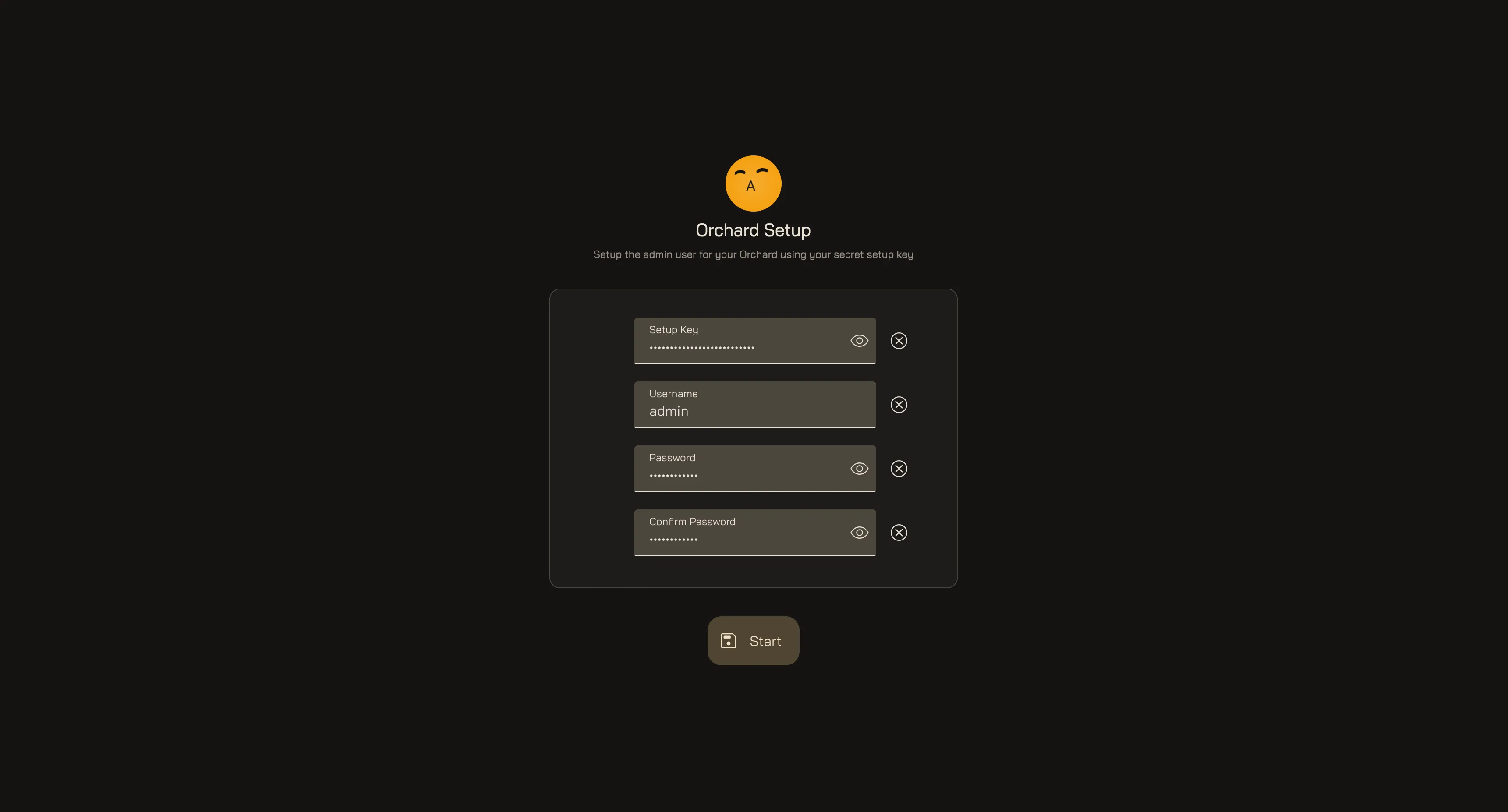 The Orchard setup screen: a field for the setup key, then username and password fields to create the first operator account.